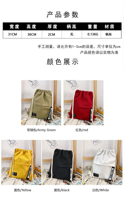 New Women Casual Canvas Drawstring Backpack Men Solid Color Letter Pattern Bag Drawing Straps Closure Fashion Outdoor Bag