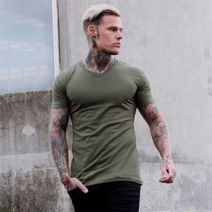 Gym T-shirt Men Fashion V Neck Short Sleeve Cotton Tshirt Slim Fit Sports Tee Shirt Bodybuilding Fitness Workout Summer Clothing