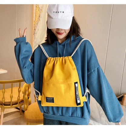 New Women Casual Canvas Drawstring Backpack Men Solid Color Letter Pattern Bag Drawing Straps Closure Fashion Outdoor Bag