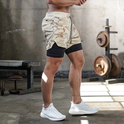 Camo 2 in 1 Running Shorts Men's Gym Fitness Training Quick Dry Short Pants Male Outdoor Sport Jogging Built-in pocket Bermuda