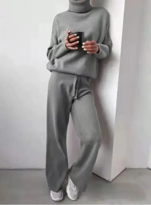 Casual Fashion Suits For Women Turtleneck Sweater And Drawstring Straight Pants