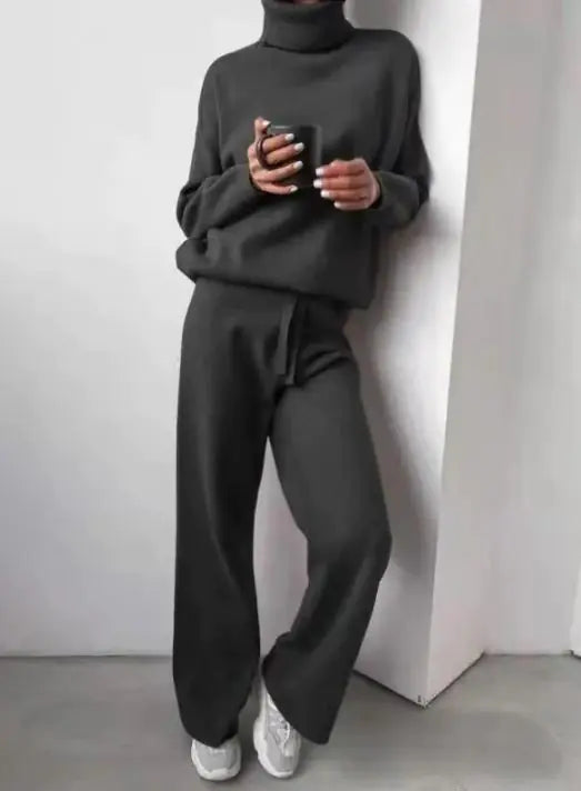 Casual Fashion Suits For Women Turtleneck Sweater And Drawstring Straight Pants