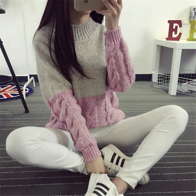 O-neck knitted pullover sweater Women patchwork color soft jumper pull femme Autumn winter 2018 warm knitting sweater