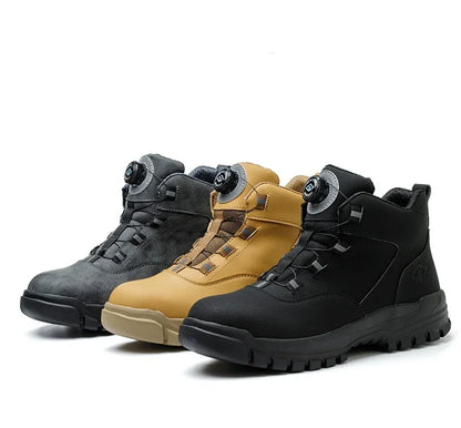 Black Leather Winter Fashion 2023 Rotating Buttons Safety Shoes Men Waterproof Work Boots Men Anti-puncture Protective Footwear