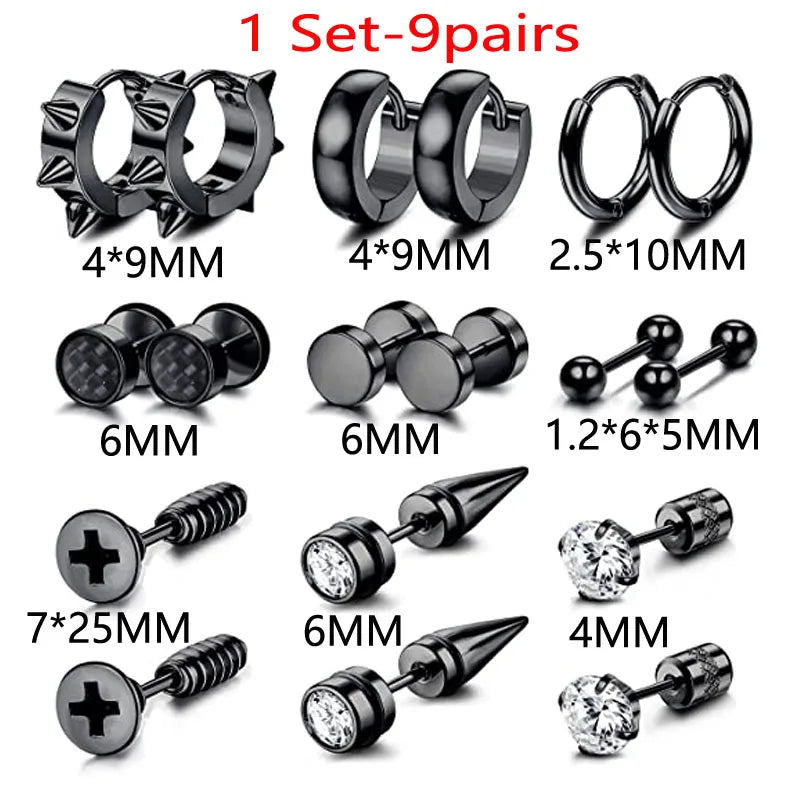 1-9 Pairs Black Stainless Steel Screw Stud Earrings For Men Women Piercing Small Huggie Hoop Earrings Set For Unisex