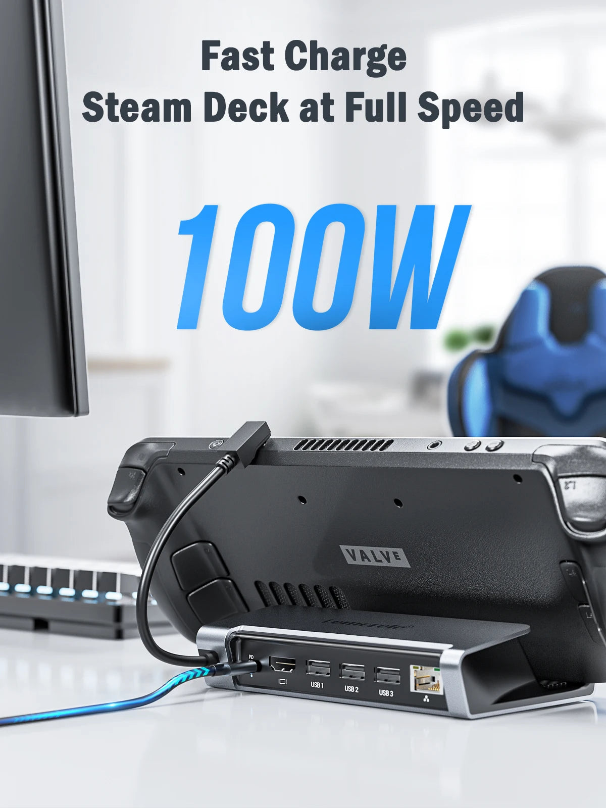 Lemorele SteamDeck Docking Station Base Stand 6Ports USB-C to HDMI 4K30HZ PD100W 1000M Gigabit Ethernet Console Hub Holder Dock