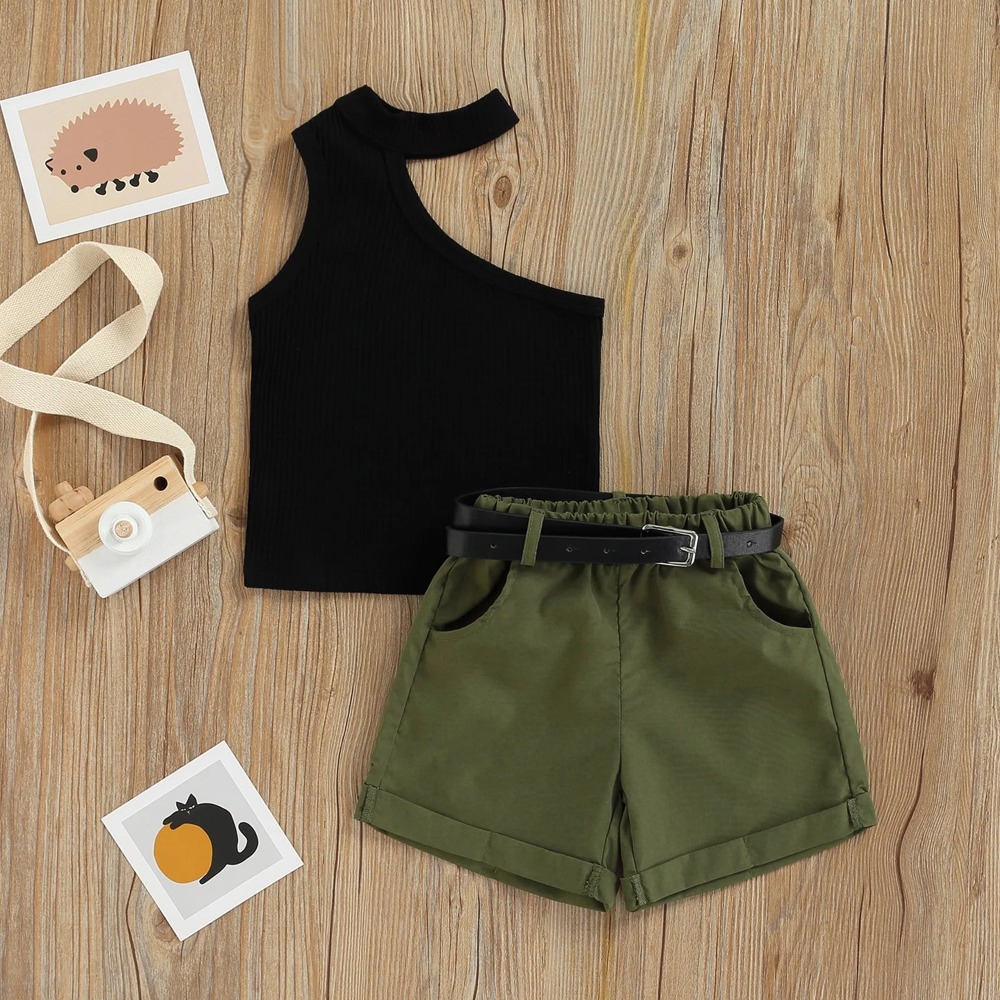 2022-02-18 Lioraitiin 1-6Years Toddler Baby Girl 2Pcs Summer Clothing Set One Shoulder Black Sexy Vest Top Green Shorts