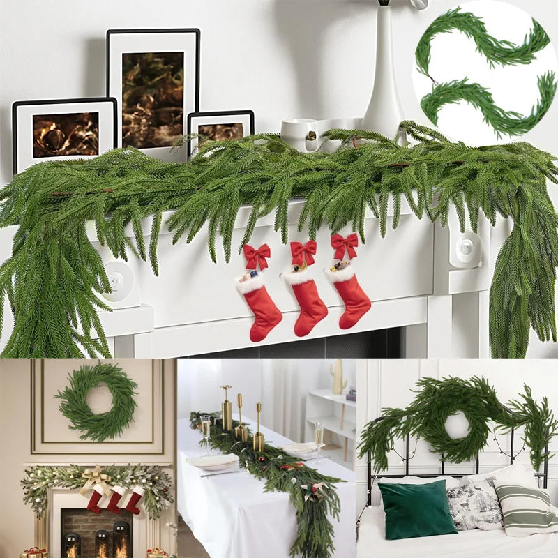 Christmas Norfolk Pine Dense Garland Artificial Greenery Real Touch Garland for Holiday Mantle Fireplace Table Home Outdoo Decor