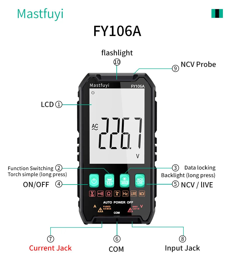 MASTFUYI Mini Digital Multimeter Smart Electrician Tester For DC/AC Voltage Capacitance Ohm Hz NCV Professional Multitester