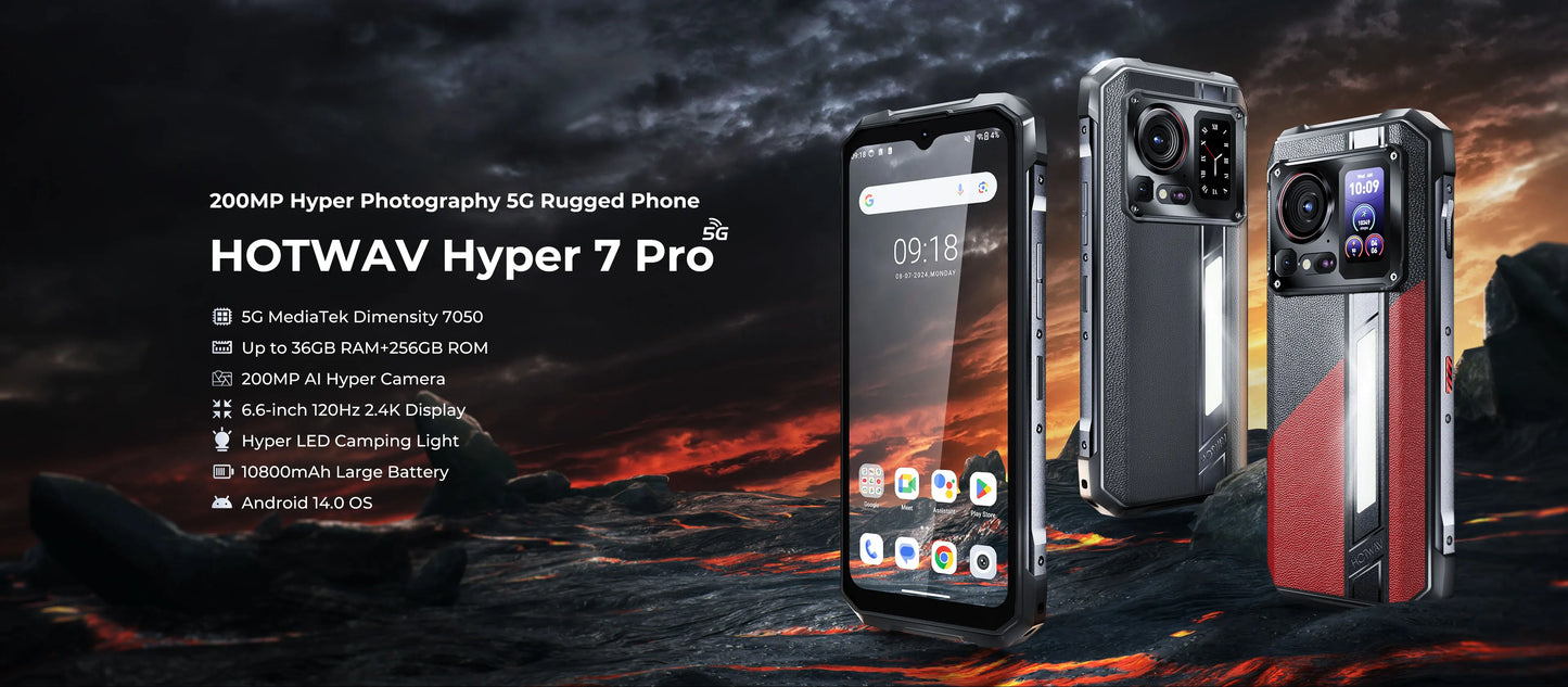 HOTWAV Hyper 7 Pro 5G Rugged Phone 200MP Android 14 6.6'' FHD+ 120Hz Smartphone 36(16+20)GB 256GB 10800mAh 33W Mobile Phone