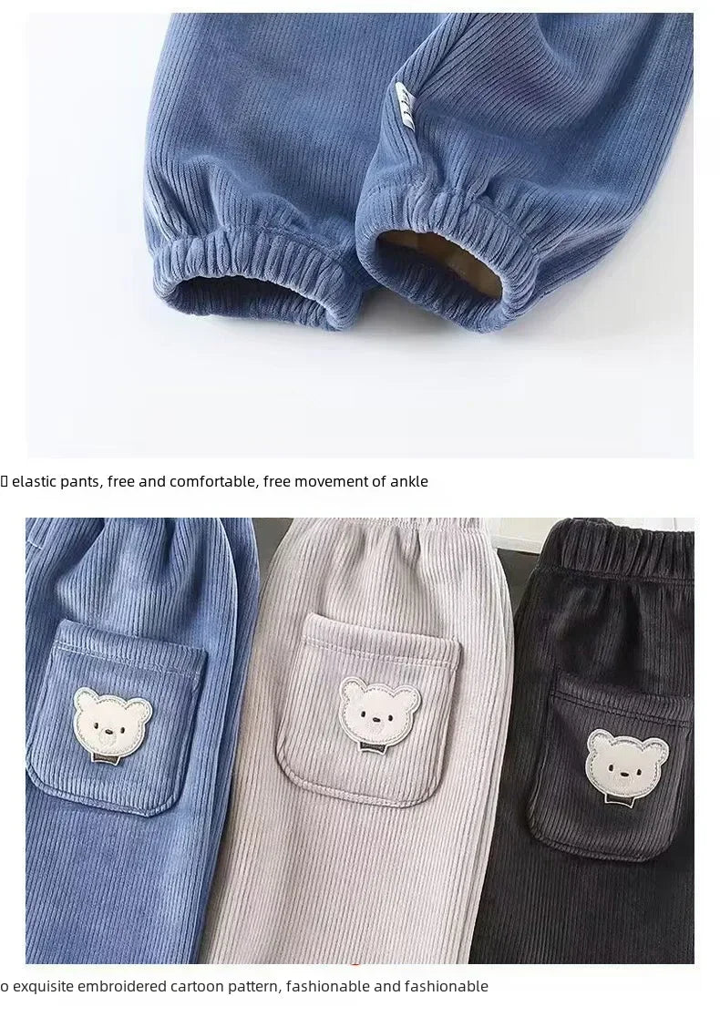 Kids Warm Pants Autumn Winter Girls Thicken Trousers Baby Boys Cute Bear Print Children Casual Harem Pants