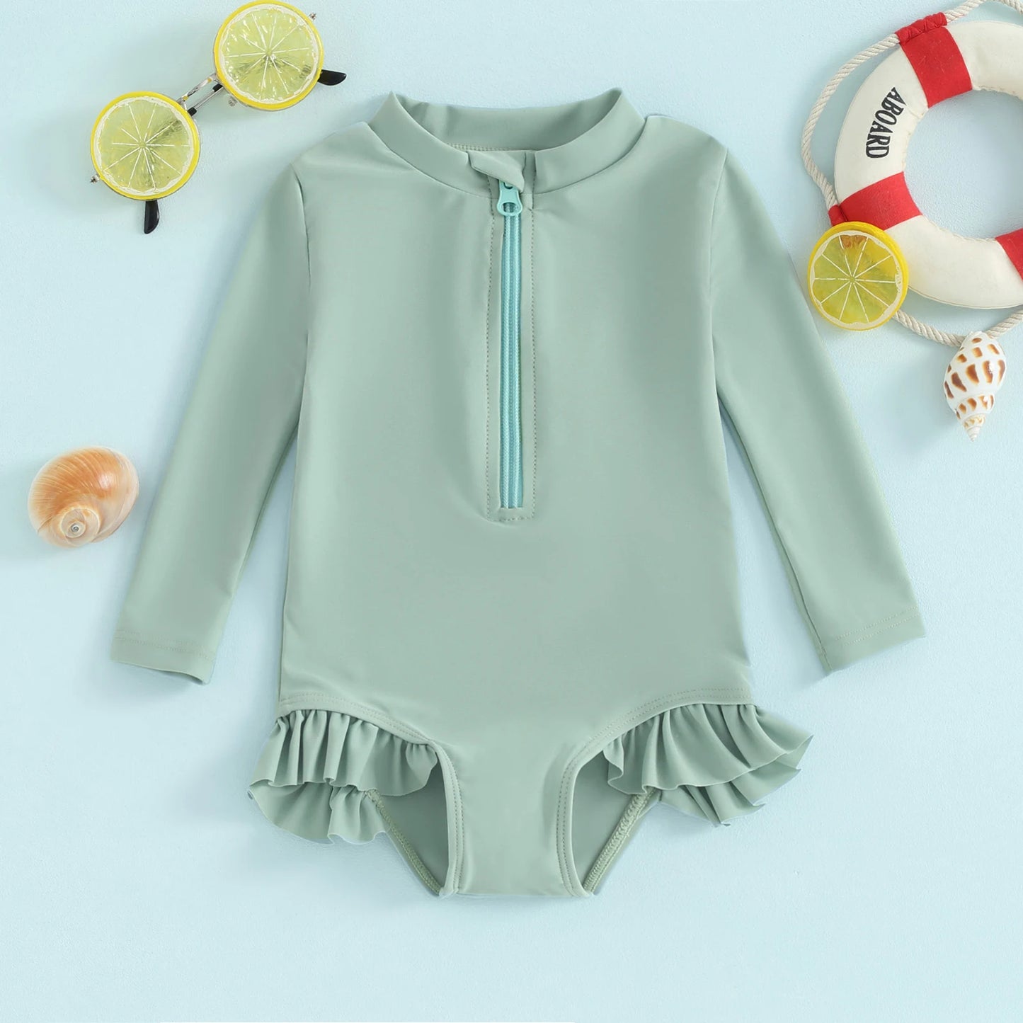 Long Sleeve Toddler Girls Rash Guard Swimsuit Kids Beachwear Fashion New Solid Color Ruffles Zipper Kids Bathing Suit Swimwear