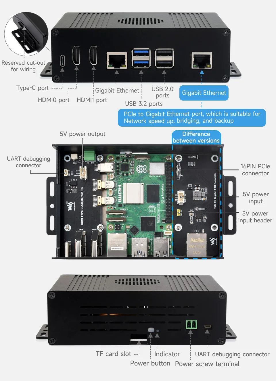 Waveshare Multi-functional All-in-one Mini-Computer Kit Designed for Raspberry Pi 5, Aluminum Alloy Case Option for PCIe adapter