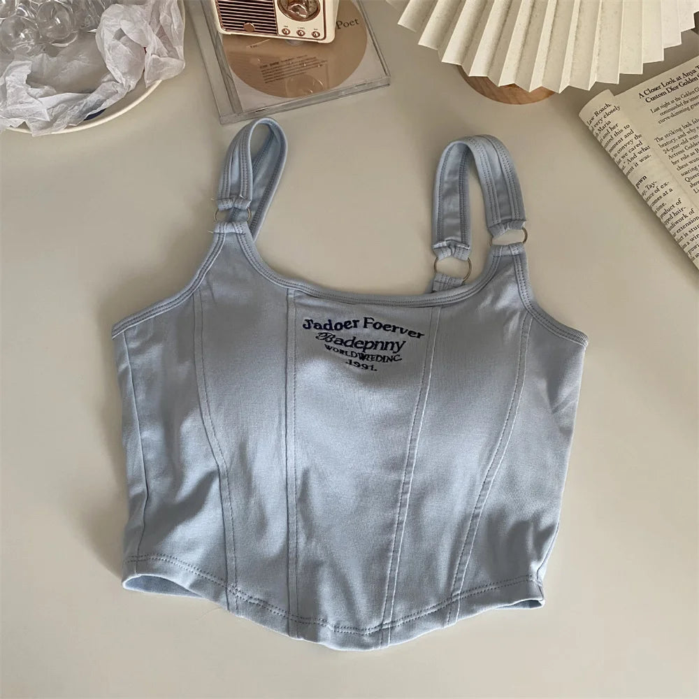 Summer Women'S Sexy Letter Printing Strap Short Tank Top With Irregular Cropped Inner Layup Tubular Top With Embossed Chest Pads