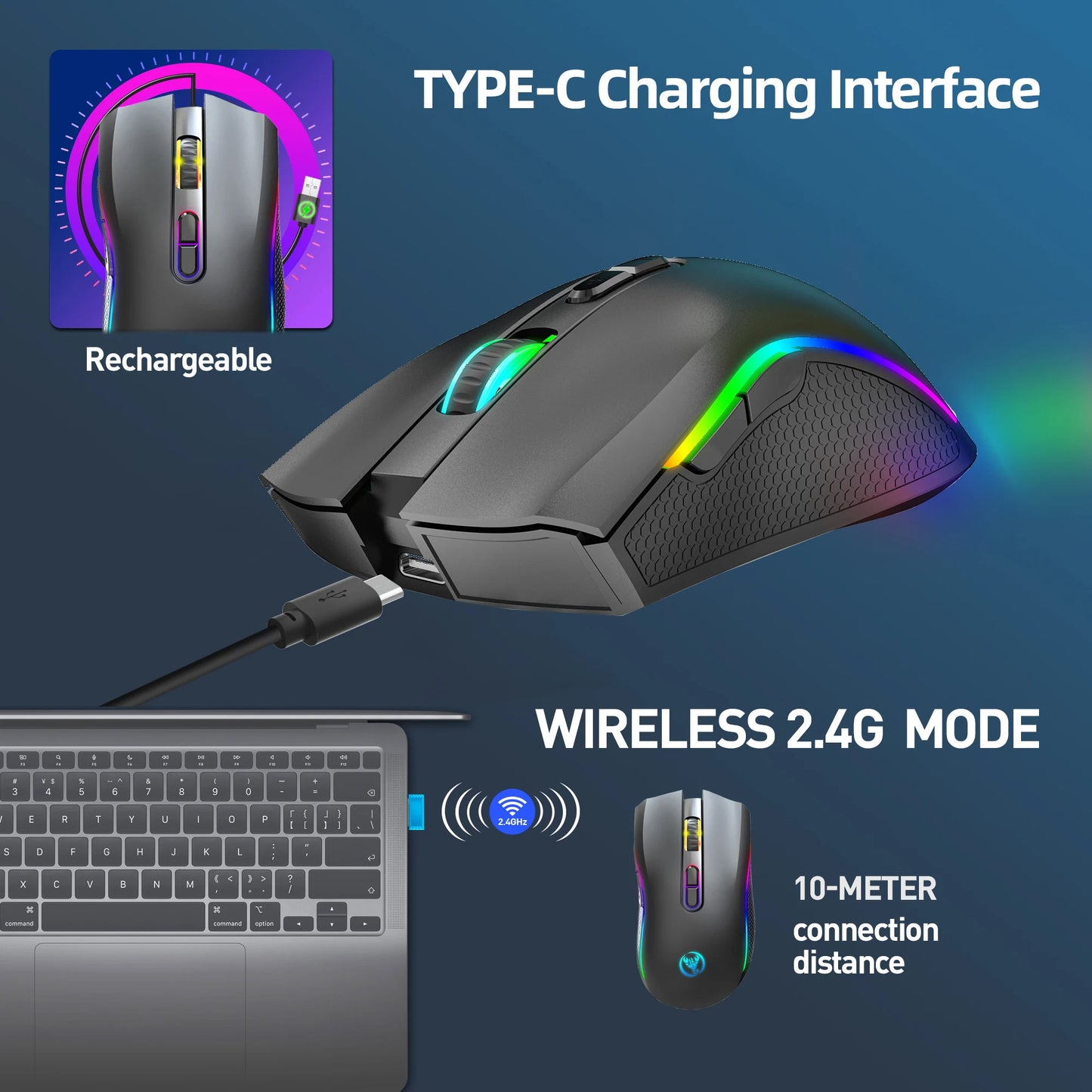 Rechargeable 2.4G Wireless RGB Gaming Mouse Ergonomic Gaming Backlit Mice for Laptop PC