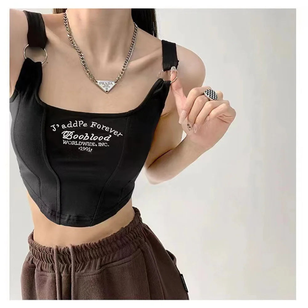 Summer Women'S Sexy Letter Printing Strap Short Tank Top With Irregular Cropped Inner Layup Tubular Top With Embossed Chest Pads