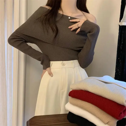 Spring Knitted Top Women's Off-shoulder Design Sensibility Niche Long Sleeve Base Layer Top Trendy Women's Knitwear