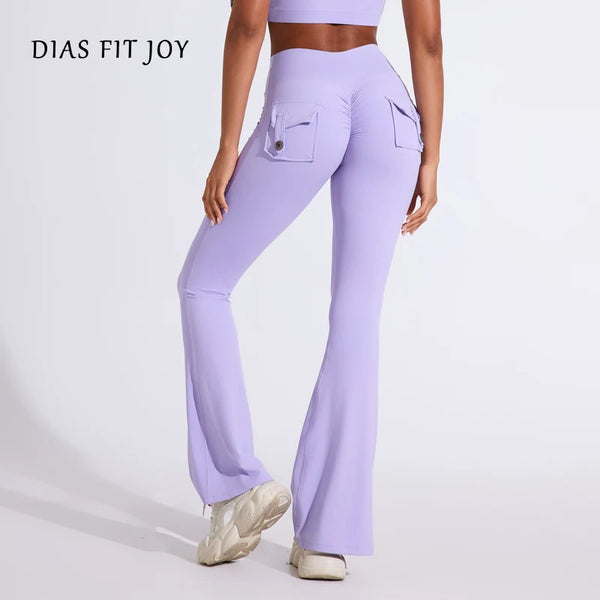 DIAS FIT JOY Pantaloni a zampa d'elefante da donna con tasche, per yoga, vita alta, sollevamento fianchi, fitness, asciugatura rapida, corsa, esercizio, fitness, palestra