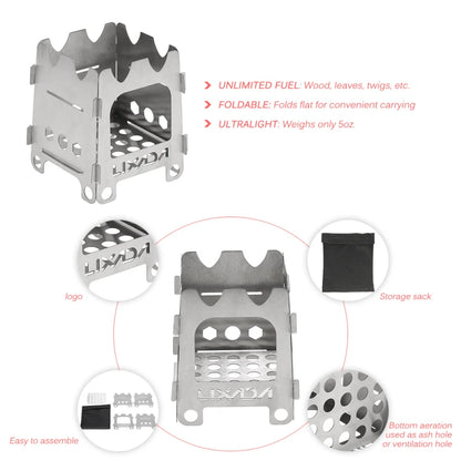 Lixada Titanium/Stainless steel Outdoor Camping Stove Portable Ultralight Folding Wood Stove Pocket Stove Camping Fishing Hiking