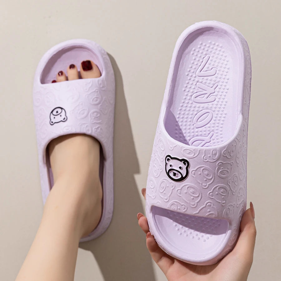 Summer Women's Slippers Home Cute Bear Thick Sole Non-slip Slides Bathroom Indoor Outdoor Men Fashion Cool Beach Shoes Couple