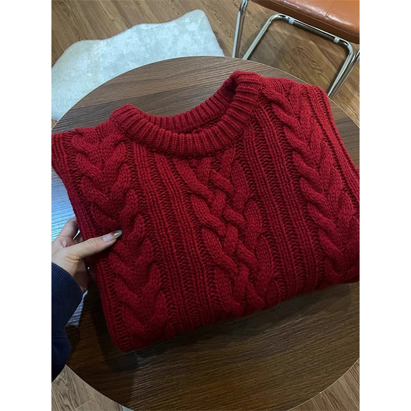 Vintage Red Sweater Women Christmas Long Sleeve Knitted Pullovers Streetwear Korean O Neck Knitwear Fall Winter Casual Jumpers