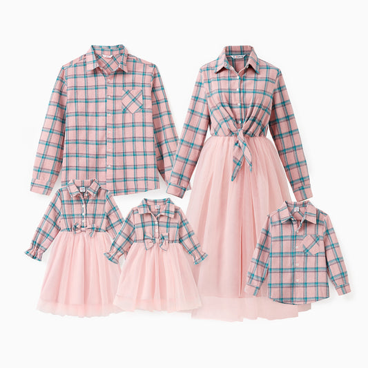 PatPat Family Matching Pink Plaid Sets Long Sleeves Shirt Tulle Mesh Dress