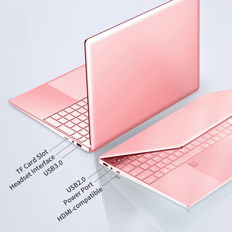 Woman Laptop Windows 10 Office Education Gaming Notebook Pink 15.6“10th Gen Intel Celeron J4125 12G RAM 1T Dual WiFi Narrow Side