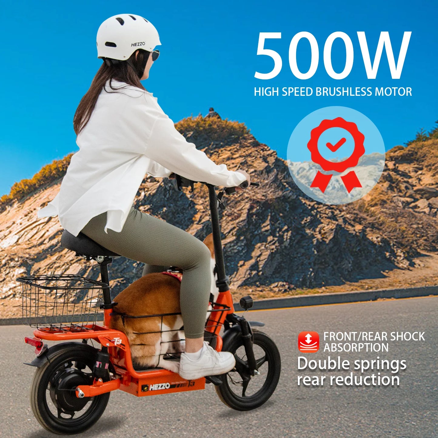 48V 500W Carbon Steel Ebike Electric Bike Multi-Shock Absorption City Commuter  Adult Electric Bicycle 14"Road tires With Basket