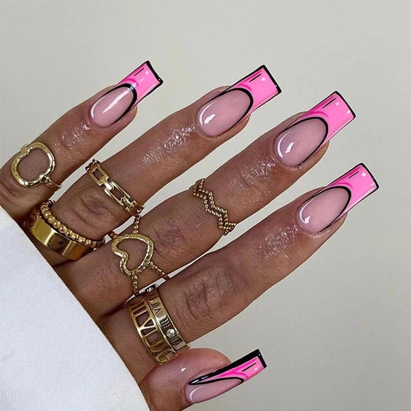 Nail art indossabile con motivo a scarabocchio rosa in stile cartone animato, unghie finte rimovibili, unghie finte finite, unghie finte da applicare con colla