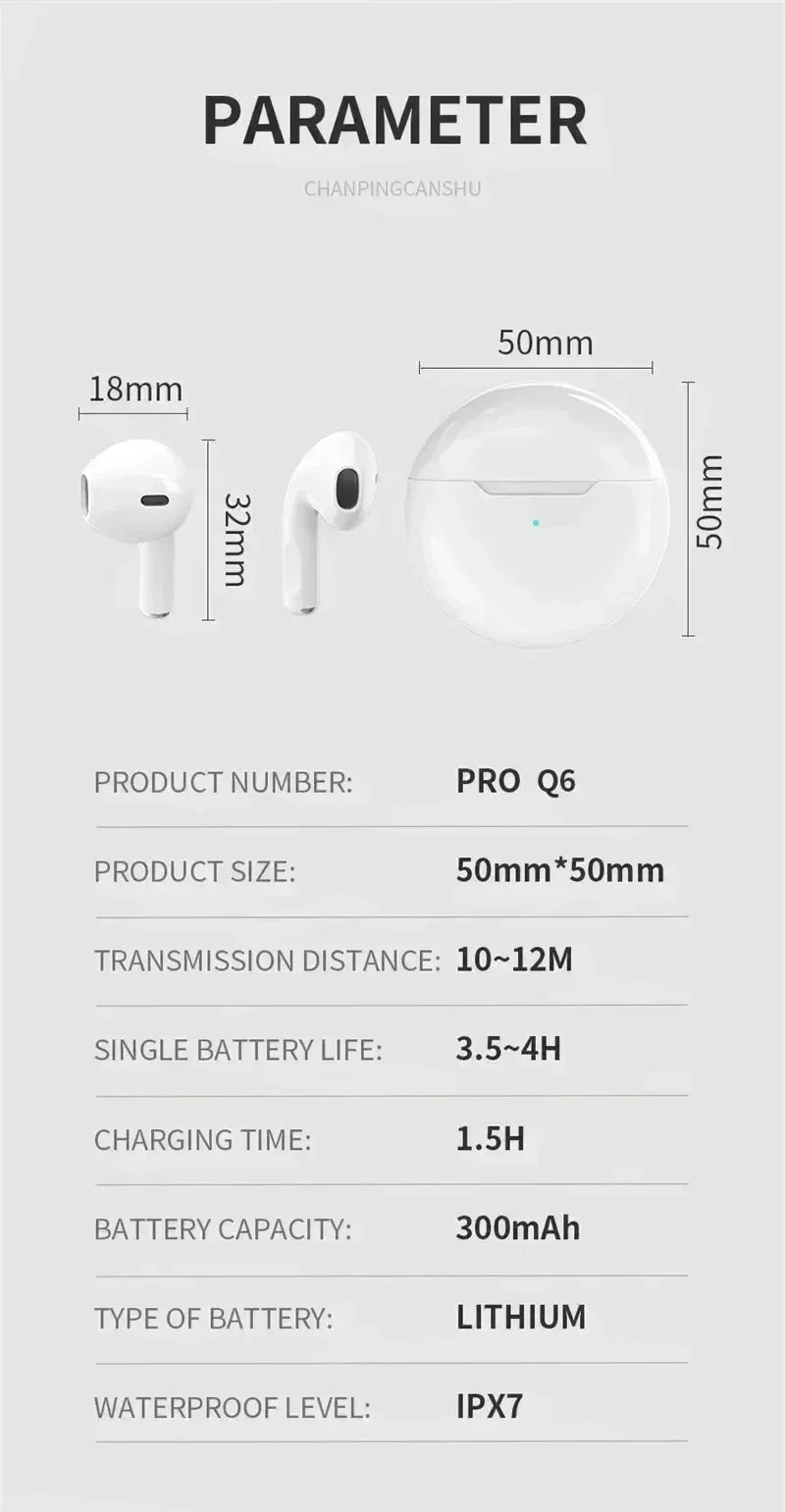 TWS Pro6 Earphone Bluetooth Headphones with Mic 9D Stereo Pro 6 Earbuds for Xiaomi Samsung Android Wireless Bluetooth Headset