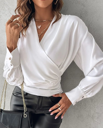 Sexy V Neck Long Sleeve Shirts Blouses Office Lady Spring summer Fashion Elegant Solid White blouse For Women 2024 Female Tops