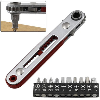 1Pc Flat Head Ratchet Wrench With 10 Pcs Screwdriver Bit 90 Degree Offset Screwdriver Handle With Bit Set Professional Hand Tool