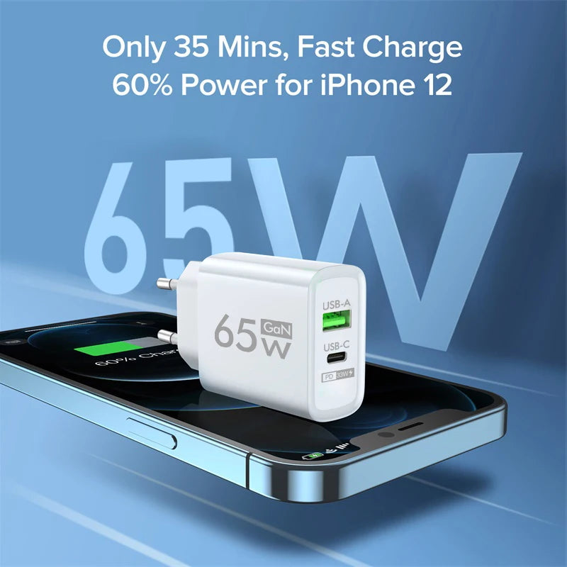 GAN 65W PD USB Charger Type C Charger Fast Charging Power Adapter for iPhone 15 Xiaomi Huawei Samsung Mobile Phone Quick Charger