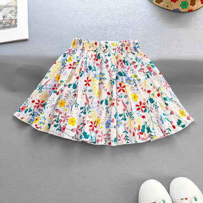 Kids Girls Princess Pleated Skirts Korean Girls Cotton Printed Large Hem Skirt Kids Floral Fluffy Party Skirt Children Clothes