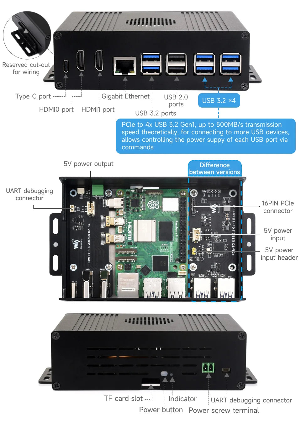 Waveshare Multi-functional All-in-one Mini-Computer Kit Designed for Raspberry Pi 5, Aluminum Alloy Case Option for PCIe adapter