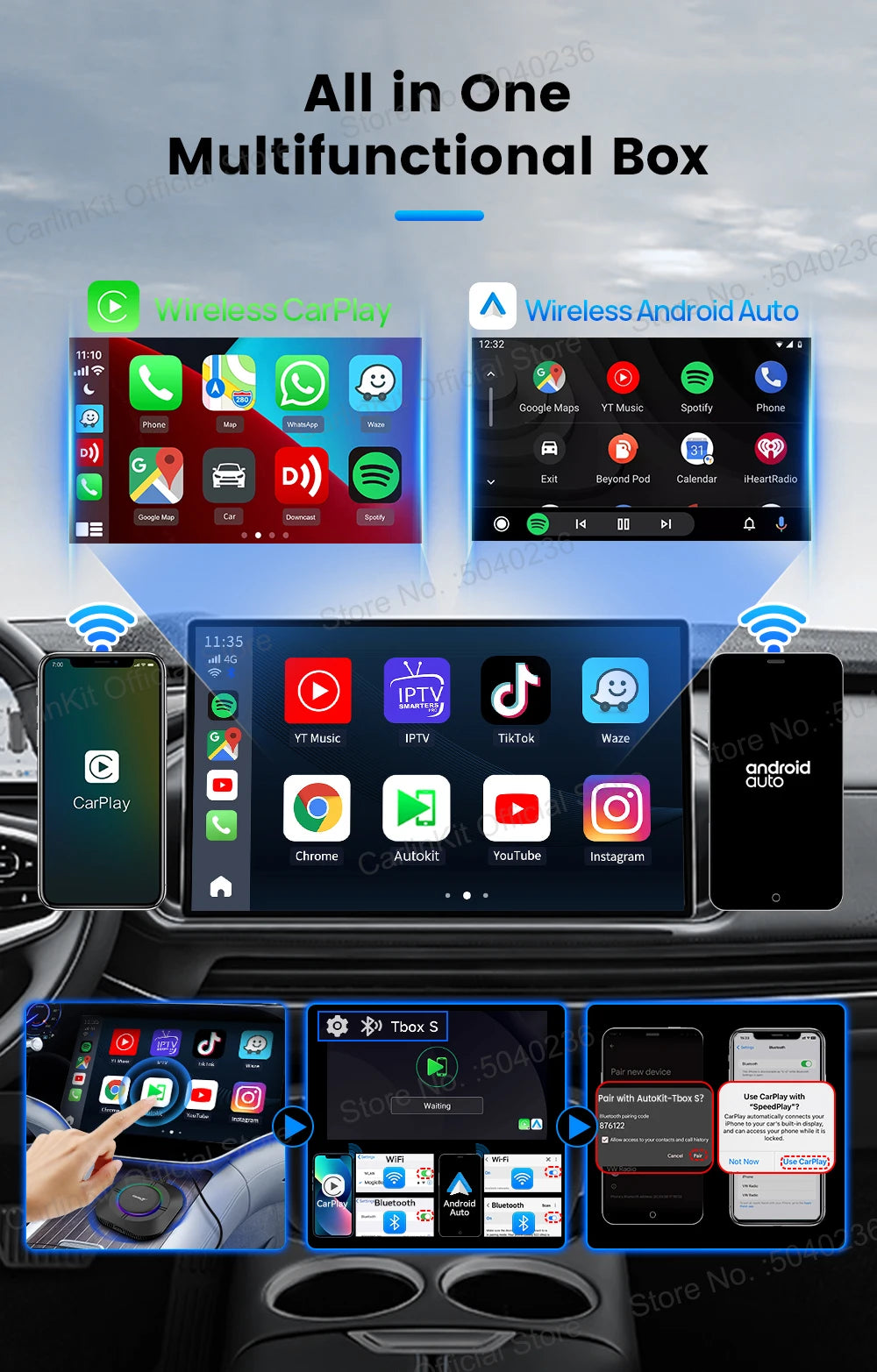 CarlinKit Android 13 LED AI Box Wireless CarPlay Wireless Android Auto Smart Car Multimedia Box Qualcomm Chip SD Expand to 512GB