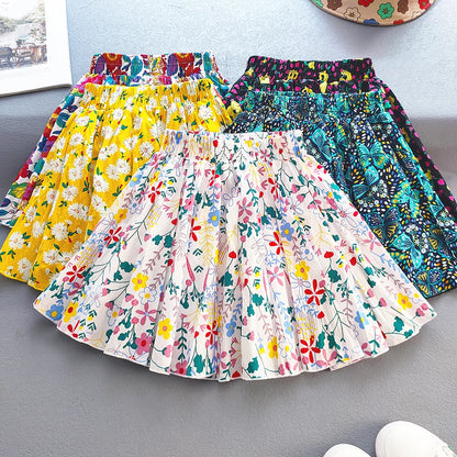 Kids Girls Princess Pleated Skirts Korean Girls Cotton Printed Large Hem Skirt Kids Floral Fluffy Party Skirt Children Clothes