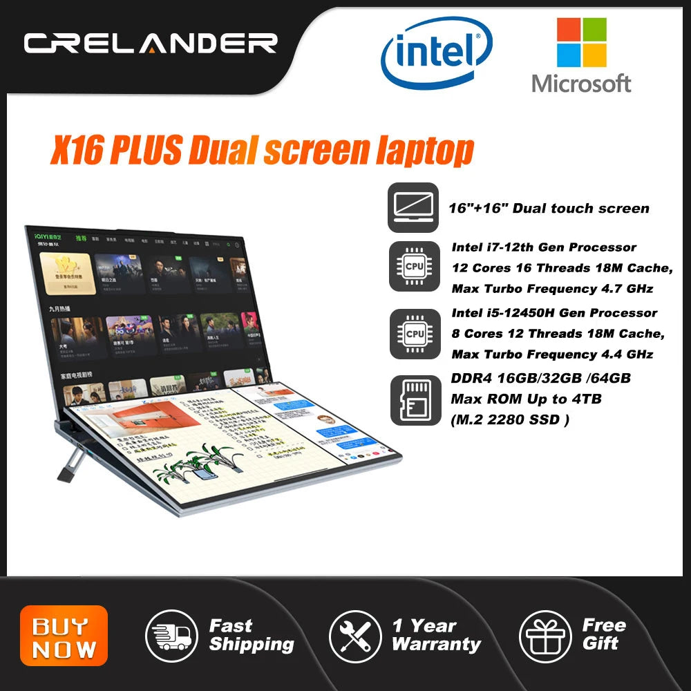 CRELANDER 16" Dual Touch Screen Laptop Intel i5i7 12th Gen 12 Cores  IPS Screen 32GB RAM M2 SSD Windows 11 Intel Laptop Computer