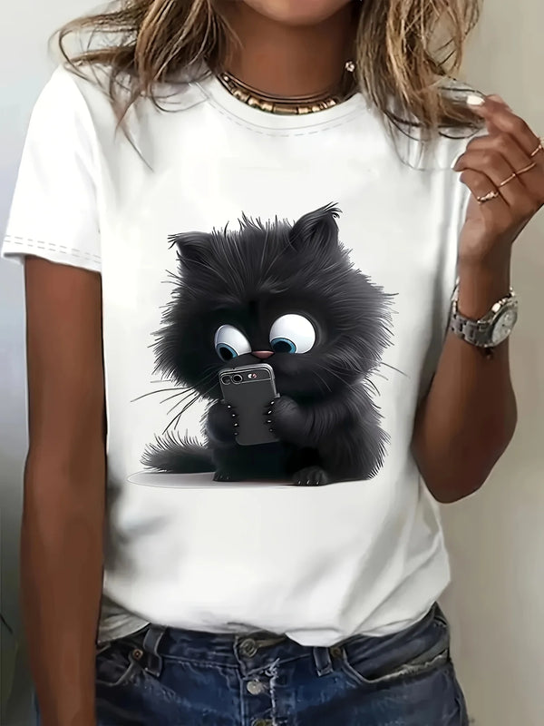 Maglietta con stampa di gatto con motivo cartoon stravagante, girocollo, manica corta, casual, per gli amanti dei gatti, in tessuto lavorato a maglia alla moda, per tutte le stagioni