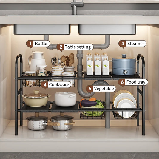 Set Kitchen Under Sink Organizers, Expandable Cabinet Shelf Organizer Rack With Removable Baskets, Retractable Shelf Organizer