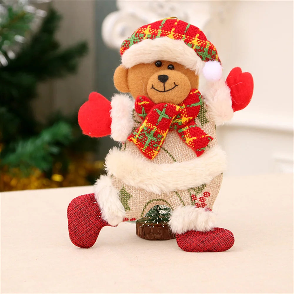 4PCS Christmas Tree Accessories Christmas Small Doll Dancing Old Man Snowman Deer Bear Fabric Puppet Small Hanging Gifts