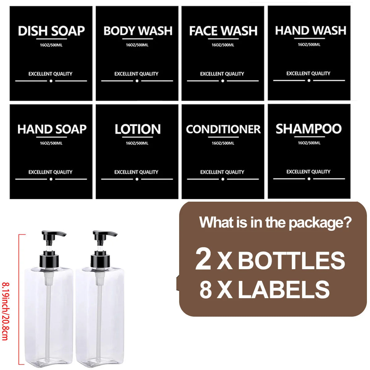 Bathroom Refillable Liquid Square Bottle Dispenser Lotion Containers With Labels Dish Soap Body Wash Dispenser 500ml