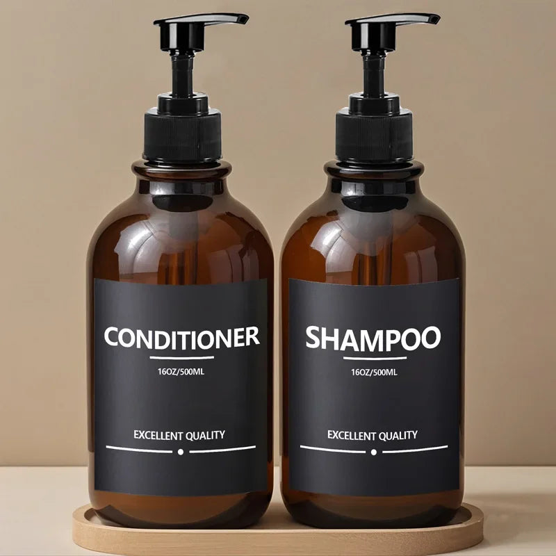 Brown Hand Soap Bottle Set with Sticker Shower Gel Household Shampoo Dispenser 500ml Liquid Container Bathroom Accessories