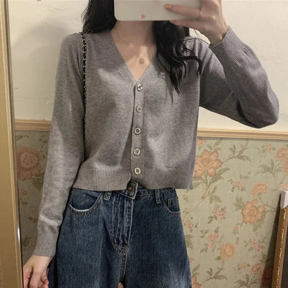 Women's Long Sleeve Cropped Cardigan V Neck Button Down Knit Lady Autumn Spring Knitted Single-breasted Cardigan Sweaters