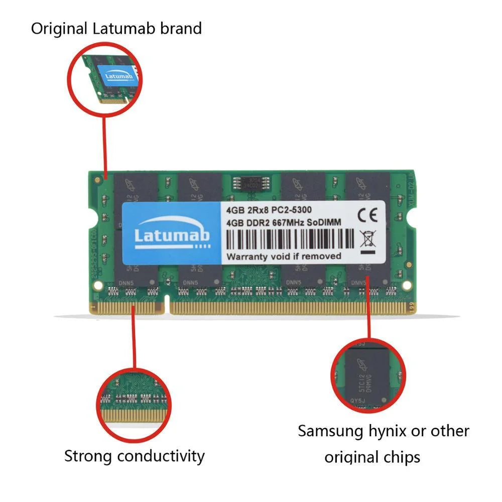 Latumab Memoria RAM DDR2 4GB 8GB 800MHz 667MHz Laptop SODIMM Memory PC2-5300 6400 RAM 200Pin 1.8V Notebook Memory Dual Channel