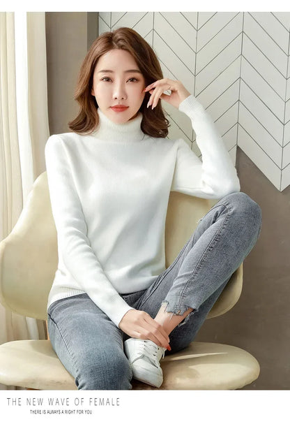 Winter Turtleneck Sweater Knitwear Women Elegant Thicken Velvet Lined Warm Sweaters Knitted Pullover Slim Tops Jersey Jumper New