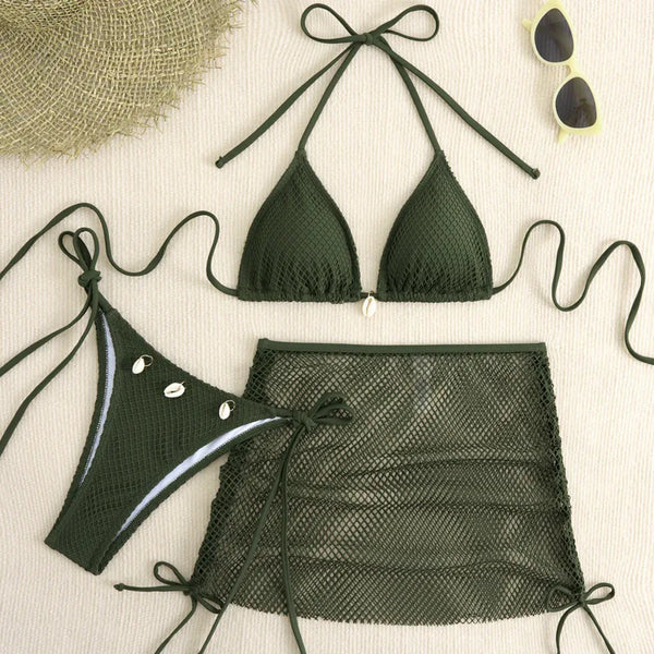 Nuovi bikini a rete da donna, costumi da bagno da donna a tre pezzi, costumi da bagno da spiaggia, costumi da bagno brasiliani, costume da bagno da piscina