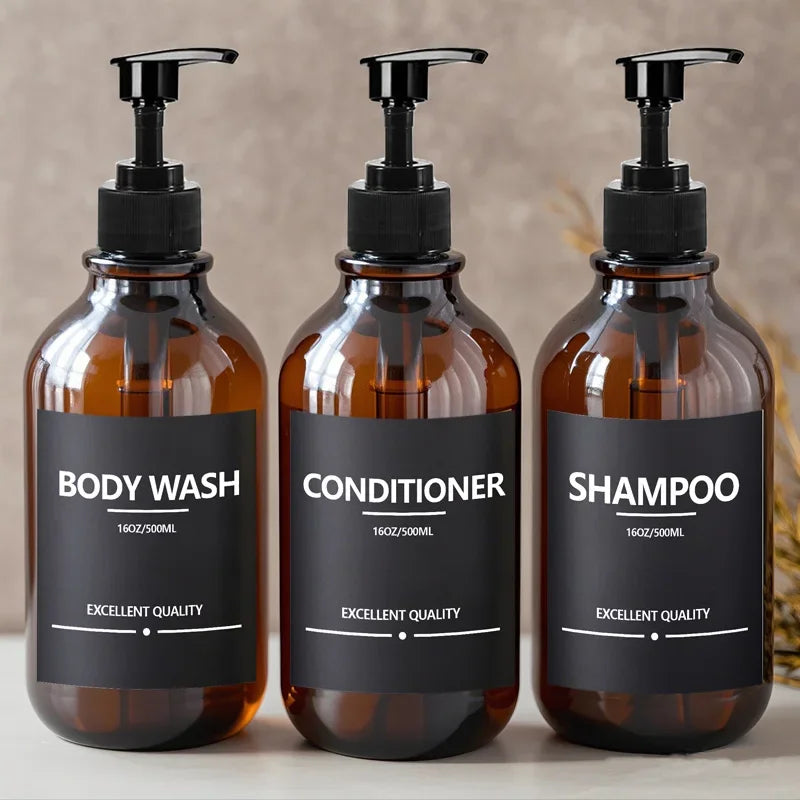 Brown Hand Soap Bottle Set with Sticker Shower Gel Household Shampoo Dispenser 500ml Liquid Container Bathroom Accessories