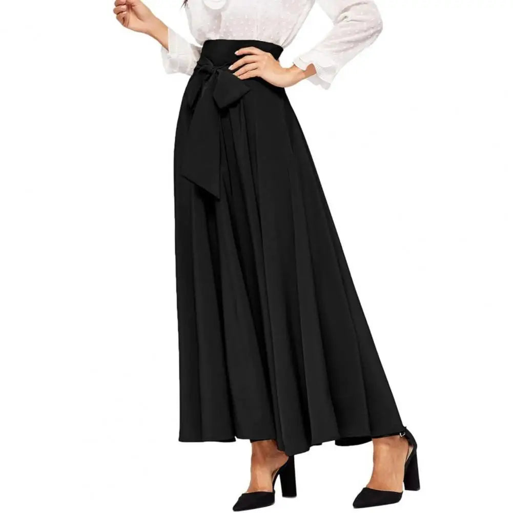 Women Skirt Elegant Lace-up Maxi Skirt with High Waist A-line Silhouette Solid Color Pleated Ankle Length for Women for Spring