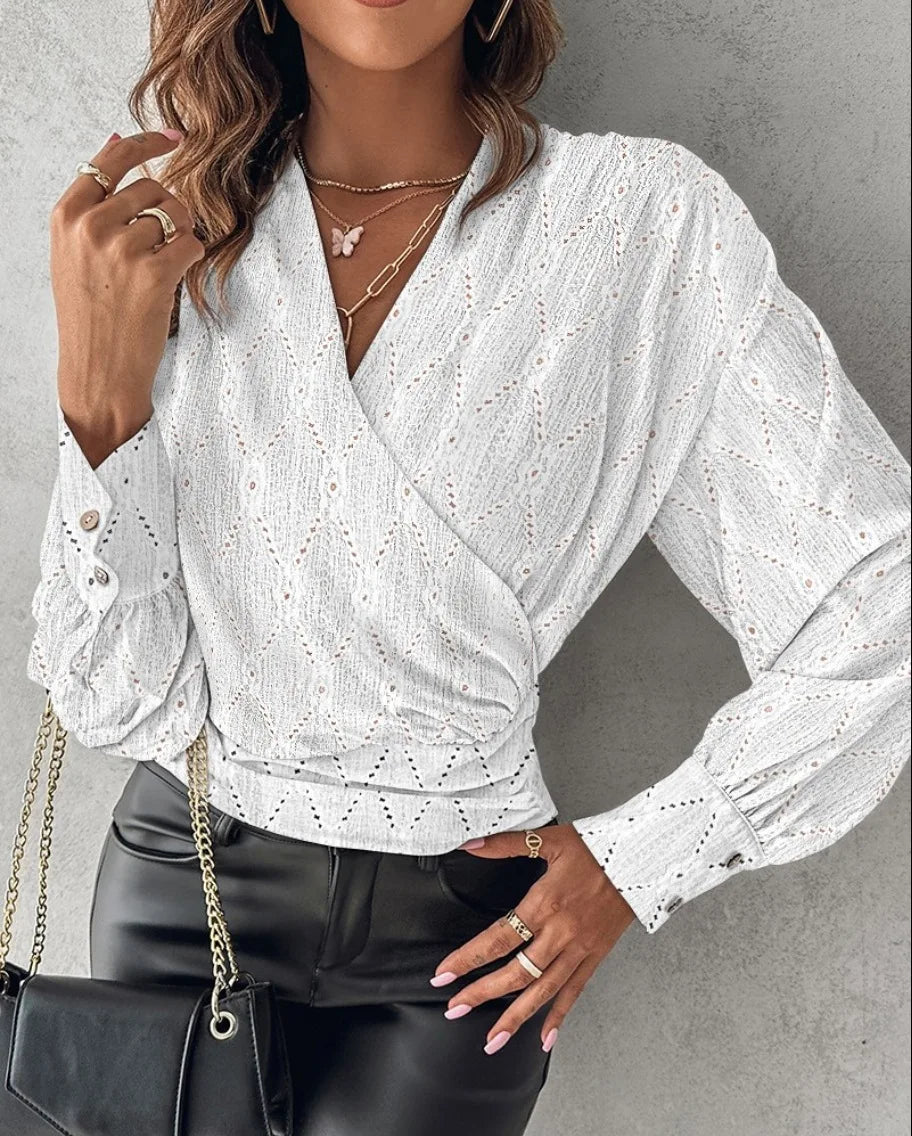 Sexy V Neck Long Sleeve Shirts Blouses Office Lady Spring summer Fashion Elegant Solid White blouse For Women 2024 Female Tops